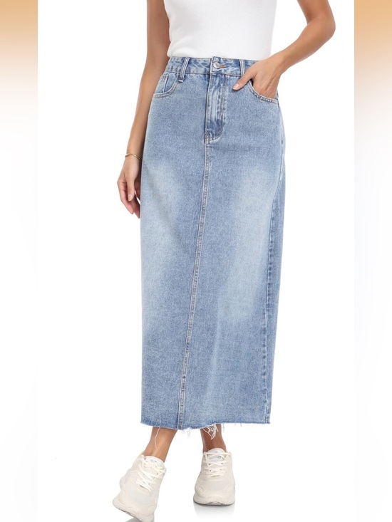 Dresses & Skirts - Denim Skirt Stretch High Waisted Frayed Raw Hem A Line Midi Skirt with Pockets